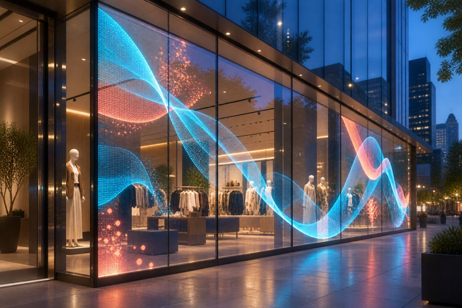 Transparent LED film integrated into a glass storefront